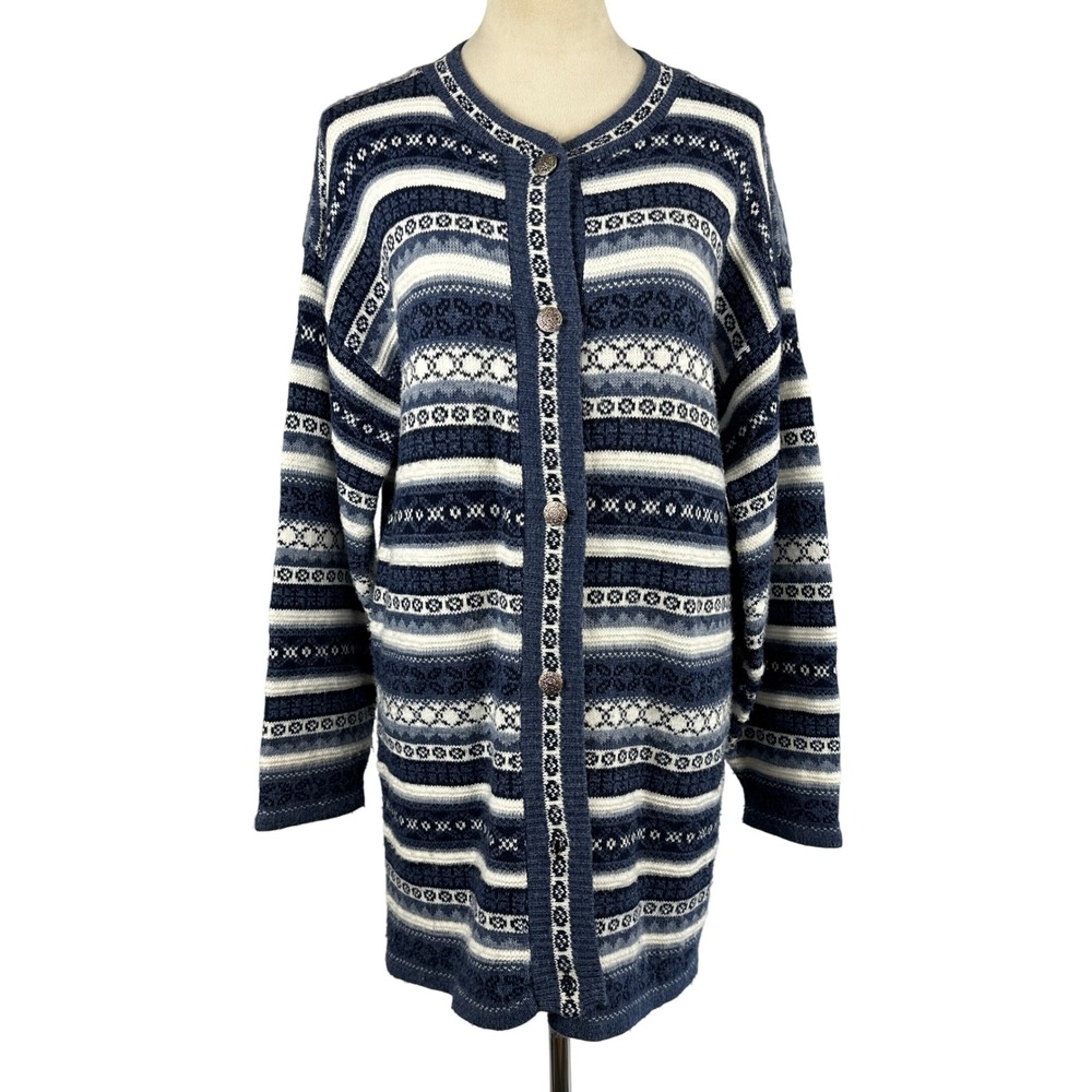 Vintage 90s Spunky Striped Cardigan Blue Women Large Made in USA Grandpa Sweater